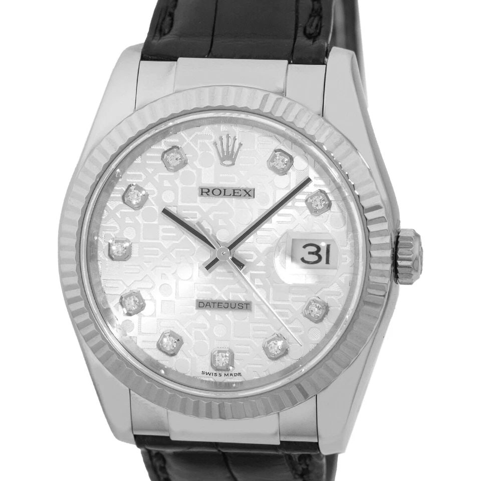 ROLEX 18K WHITE GOLD 36MM DATEJUST FACTORY DIAMOND WARRANTY BOX: ROLEX 18K WHITE GOLD 36MM DATEJUST FACTORY DIAMOND WARRANTY BOX ROLEX 18K White Gold 36mm Datejust Factory Diamonds Warranty Box 116139 Pre-Owned Gent's 18K White Gold 36mm Rolex "Datejust" Brand: Rol