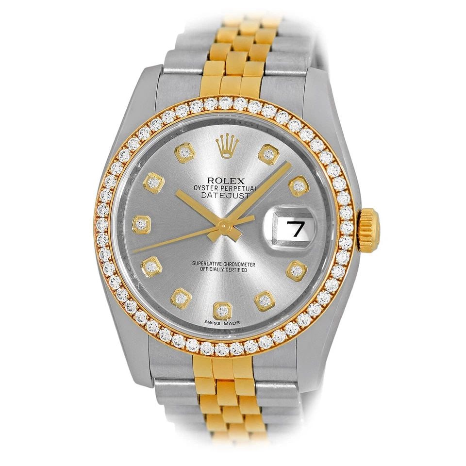 ROLEX STAINLESS STEEL 18K YELLOW GOLD 36MM FACTORY DIAMOND DATEJUST 116243 BOX: ROLEX STAINLESS STEEL 18K YELLOW GOLD 36MM FACTORY DIAMOND DATEJUST 116243 BOX ROLEX Stainless Steel & 18K Yellow Gold 36mm Diamond Datejust 116243 Box Warranty Certified Pre-Owned Gent's Stainless St