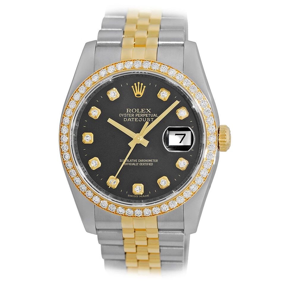 ROLEX STAINLESS STEEL 18K YELLOW GOLD 36MM FACTORY DIAMOND DATEJUST 116243 BOX: ROLEX STAINLESS STEEL 18K YELLOW GOLD 36MM FACTORY DIAMOND DATEJUST 116243 BOX ROLEX Stainless Steel & 18K Yellow Gold 36mm Diamond Datejust 116243 Box Warranty Certified Pre-Owned Gent's Stainless St