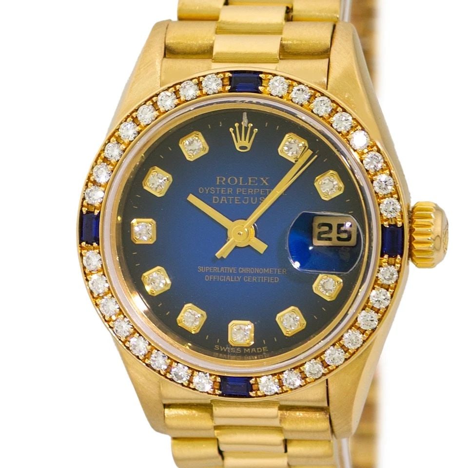 ROLEX 18K YELLOW GOLD 26MM FACTORY DIAMOND DATEJUST PRESIDENT 79138 BOX WARRANTY: ROLEX 18K YELLOW GOLD FACTORY DIAMOND DATEJUST PRESIDENT 79138 BOX WARRANTY BRAND: Rolex Model: Datejust President Reference No: 79138 Case Measurements: Case Diameter: 26mm Case Thickness: 10mm Water