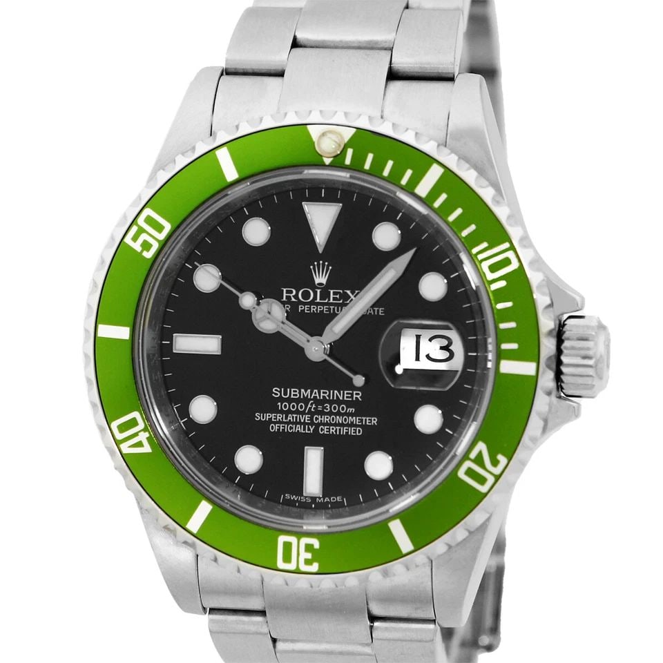 ROLEX STAINLESS STEEL 40MM SUBMARINER GREEN BEZEL DATE 16610V BOX WARRANTY 2008: ROLEX STAINLESS STEEL 40MM SUBMARINER GREEN BEZEL DATE 16610V BOX WARRANTY 2008 ROLEX Stainless Steel 40mm Submariner Green Bezel Date 16610V Box Warranty Gent's Stainless Steel 40mm Rolex Anniversary