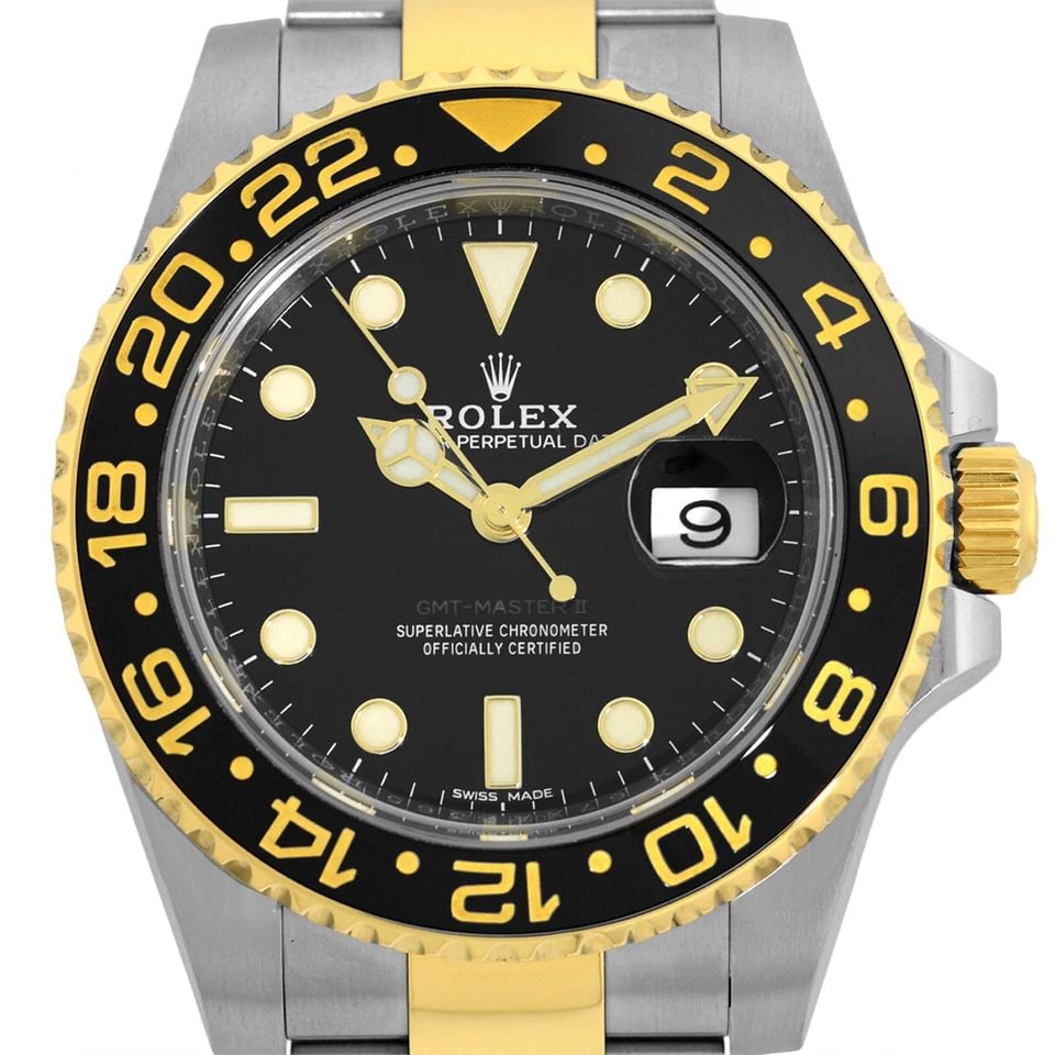 ROLEX STEEL & 18K YELLOW GOLD 40MM CERAMIC GMT MASTER II 116713LN 2017WARRANTY: ROLEX STEEL & 18K YELLOW GOLD 40MM CERAMIC GMT MASTER II 116713LN 2017WARRANTY BRAND: Rolex Model: GMT-Master II Reference No: 116713LN Case Measurements: Case Diameter: 40mm Case Thickness: 12mm Wate
