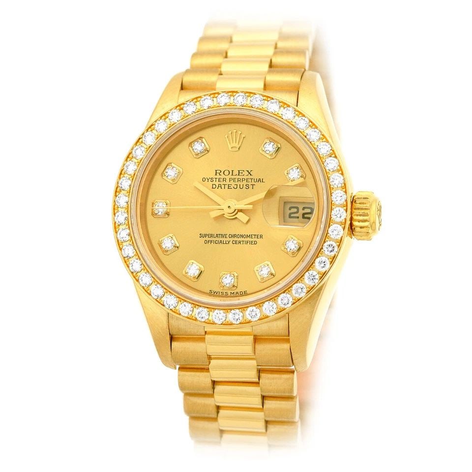 ROLEX 18K YELLOW GOLD 26MM DIAMOND DATEJUST PRESIDENT 79138 BOX LIFETIMWARRANTY: ROLEX 18K YELLOW GOLD 26MM DIAMOND DATEJUST PRESIDENT 79138 BOX LIFETIMWARRANTY ROLEX Lady's 18K Yellow Gold 26mm Datejust "President" 79138 Pre-Owned Lady's 18K Yellow Gold 26mm Rolex "President" Bra