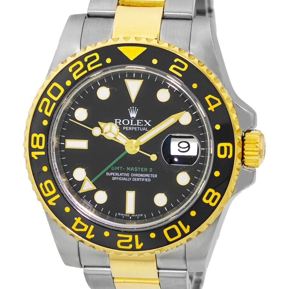 ROLEX STEEL & 18K YELLOW GOLD 40MM GMT MASTER II CERAMIC 116713 BOX WARRANTY: ROLEX STEEL & 18K YELLOW GOLD 40MM GMT MASTER II CERAMIC 116713 BOX WARRANTY ROLEX Stainless Steel & 18K Yellow Gold 40mm GMT Master II Ceramic 116713 Box Warranty MINTY Pre-Owned Gent's Stainless Ste