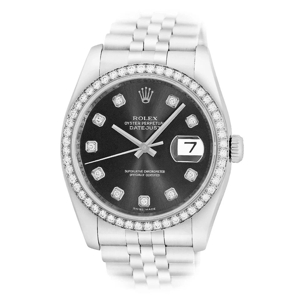 ROLEX STAINLESS STEEL 36MM DATEJUST FACTORY DIAMOND 116244 BOX WARRANTY MINTY: ROLEX Stainless Steel 36mm Datejust Factory Diamond 116244 Box Warranty MINTY Certified Pre-Owned Gent's Stainless Steel 36mm Rolex "Datejust" Item #: CT47966 BRAND Rolex Model: Datejust Reference No: