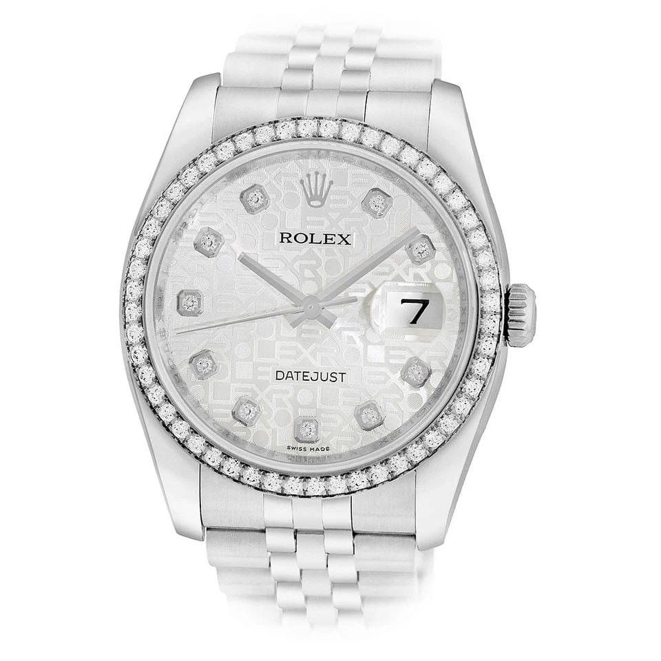 ROLEX STAINLESS STEEL 36MM DATEJUST FACTORY DIAMOND 116244 BOX WARRANTY MINTY: ROLEX Stainless Steel 36mm Datejust Factory Diamond 116244 Box Warranty MINTY Certified Pre-Owned Gent's Stainless Steel 36mm Rolex "Datejust" Item #: CT47966B BRAND Rolex Model: Datejust Reference No