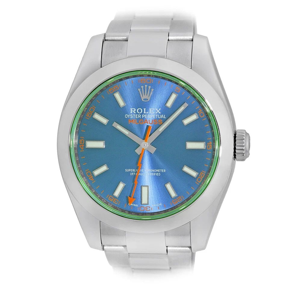 ROLEX STAINLESS STEEL 40MM MILGAUSS BLUE DIAL 116400 BOX WARRANTY: ROLEX STAINLESS STEEL 40MM MILGAUSS BLUE DIAL 116400 BOX WARRANTY BRAND: Rolex Model: Milgauss Reference No: 116400 Case Measurements: Case Diameter: 40mm Case Thickness: 13.2mm Water Resistance: 100m