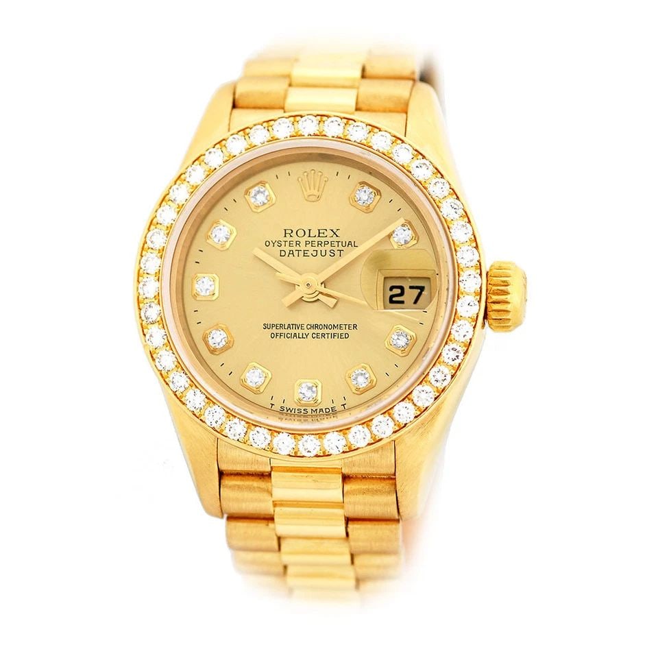 ROLEX LADY'S 18K YELLOW GOLD 26MM DATEJUST PRESIDENT 69138 BOX WARRANTY: ROLEX LADY'S 18K YELLOW GOLD 26MM DATEJUST PRESIDENT 69138 BOX WARRANTY ROLEX 18K Yellow Gold 26mm Factory Diamond President 69138 Pre-Owned Lady's 18K Yellow Gold 26mm Rolex "President" Brand: Rolex 