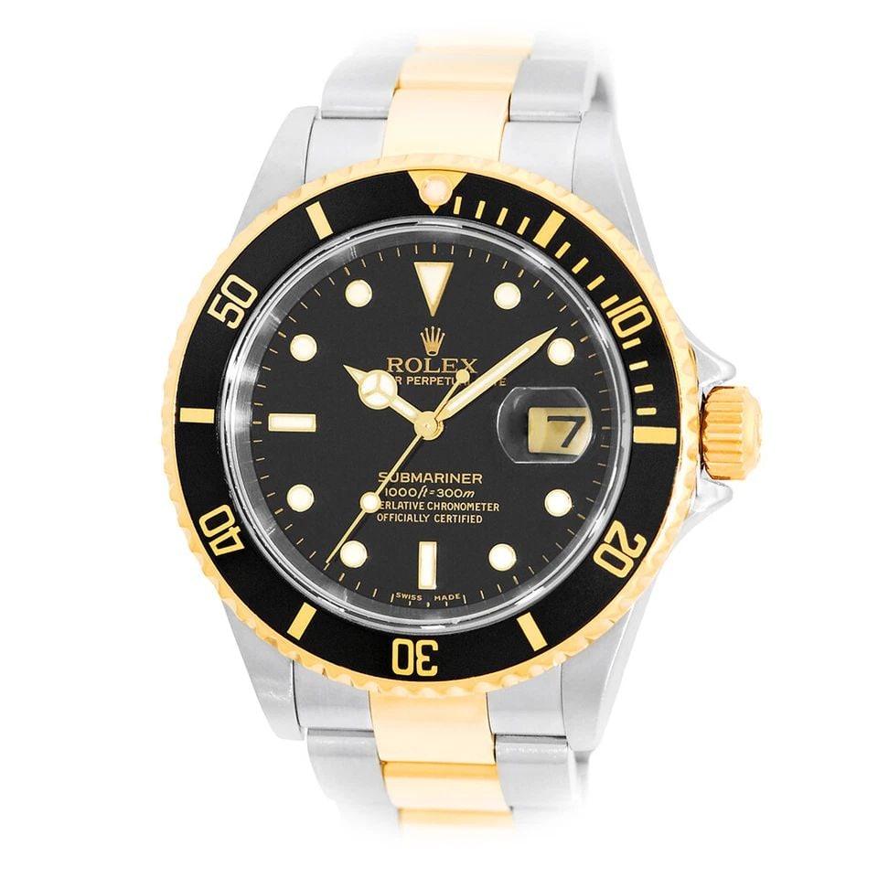 ROLEX STEEL & 18K YELLOW GOLD 40MM SUBMARINER BLACK 16613N BOX WARRANTY 16613: ROLEX STEEL & 18K YELLOW GOLD 40MM SUBMARINER BLACK 16613N BOX WARRANTY 2007 Brand: Rolex Model: Submariner Date Reference No: 16613N Gender: Gent’s Movement: Handmade Swiss Chronometer Certified (C