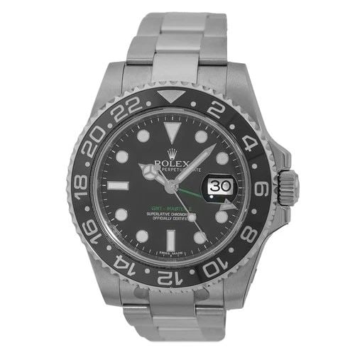 ROLEX STAINLESS STEEL 40MM GMT MASTER II CERAMIC 116710 BOX WARRANTY 2010 MINTY: ROLEX STAINLESS STEEL 40MM GMT MASTER II CERAMIC 116710 BOX WARRANTY 2010 MINTY BRAND: Rolex Model: GMT-Master II Ceramic Reference No: 116710LN Case Measurements: Case Diameter: 40mm Case Thickness: 