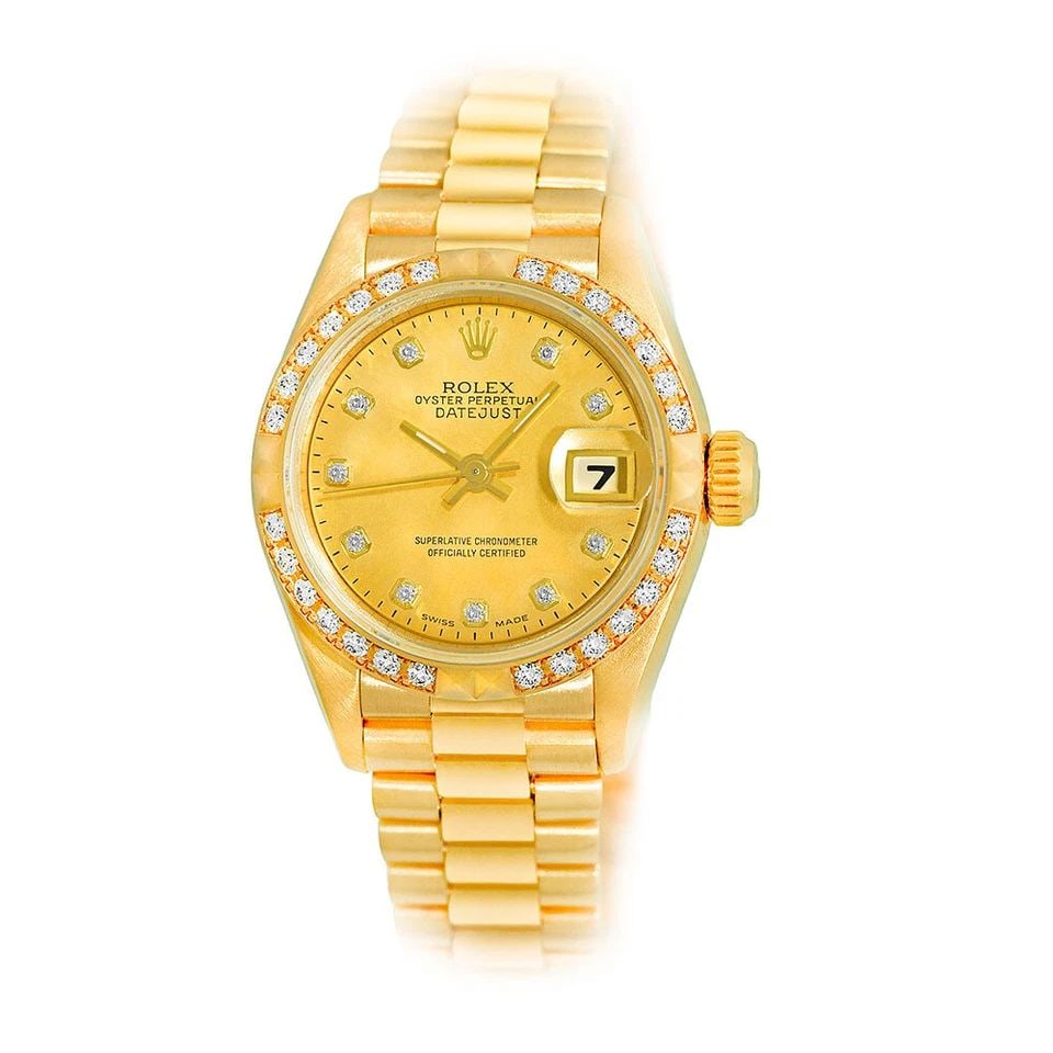 ROLEX 18K YELLOW GOLD 26MM FACTORY DIAMOND DATEJUST PRESIDENT 69268 BOX WARRANTY: ROLEX 18K YELLOW GOLD 26MM FACTORY DIAMOND DATEJUST PRESIDENT 69268 BOX WARRANTY ROLEX 18K Yellow Gold 26mm Factory Diamond Datejust President 69268 Pre-Owned Lady's 18K Yellow Gold 26mm Rolex Datejus