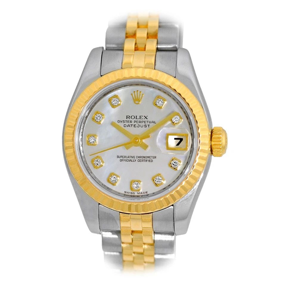 ROLEX STEEL & 18K YELLOW GOLD 26MM DATEJUST MOP DIAMOND DIAL 179173 BOX WARRANTY: ROLEX STEEL & 18K YELLOW GOLD 26MM DATEJUST MOP DIAL 179173 BOX WARRANTY ROLEX Stainless Steel & 18K Yellow Gold 26mm Datejust Factory Diamond Dial 179173 Box Warranty Pre-Owned Lady's Stainless Steel