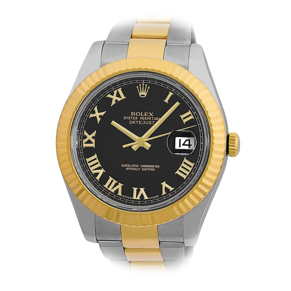 ROLEX STAINLESS STEEL & 18K YELLOW GOLD 41MM DATEJUST II 116333 BOX WARRANTY: ROLEX STAINLESS STEEL & 18K YELLOW GOLD 41MM DATEJUST II 116333 BOX WARRANTY BRAND: Rolex Model: Datejust II Reference No: 116333 Case Measurements: Case Diameter: 41mm Case Thickness: 12mm Water Resi