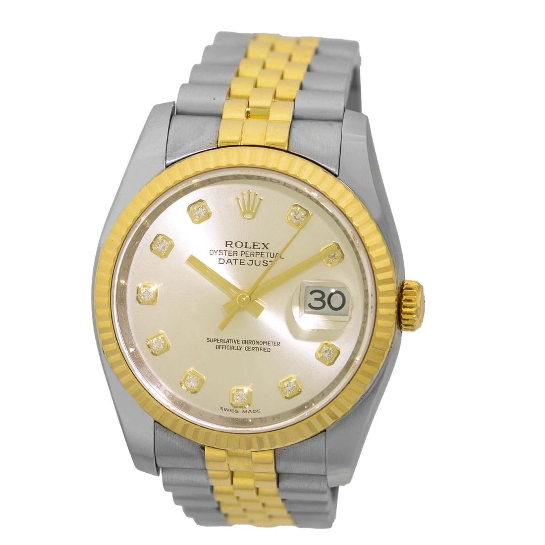 ROLEX STAINLESS STEEL & 18K YELLOW GOLD 36MM DATEJUST DIAMOND 116233 BOX WARANTY: ROLEX STAINLESS STEEL & 18K YELLOW GOLD 36MM DATEJUST DIAMOND 116233 BOX WARANTY Brand: Rolex Model: Diamond Datejust Reference No: 116233 Gender: Gent’s Movement: Handmade Swiss Chronometer Certifi