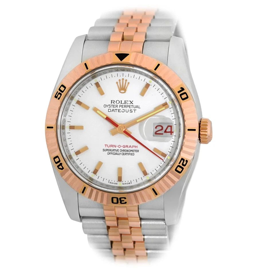 ROLEX STEEL & 18K ROSE GOLD 36MM DATEJUST TURN-O-GRAPH 116261 BOX WARRANTY: ROLEX STEEL & 18K ROSE GOLD 36MM DATEJUST TURN-O-GRAPH 116261 BOX WARRANTY ROLEX Stainless Steel and 18K Rose Gold 36mm Turn-O-Graph 116261 Box Warranty Certified Pre-Owned Gent's Stainless Steel & 18