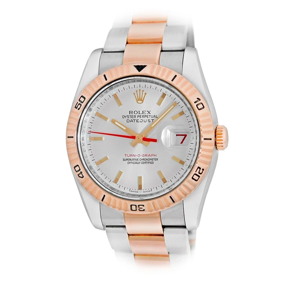 ROLEX STAINLESS STEEL & 18K ROSE GOLD 36MM DATEJUST TURN-O-GRAPH 116261 BOX: ROLEX STAINLESS STEEL & 18K ROSE GOLD 36MM DATEJUST TURN-O-GRAPH 116261 BOX BRAND: Rolex Model: Datejust Turn-O-Graph Reference No: 116261 Gender: Gent’s Movement: Handmade Swiss Chronometer Certifi