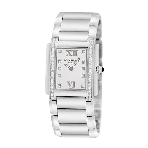 PATEK PHILIPPE STAINLESS STEEL 25MM DIAMOND 4910 TWENTY-4 BOX WARRANTY MINTY: PATEK PHILIPPE STAINLESS STEEL 25MM DIAMOND 4910 TWENTY-4 BOX WARRANTY MINTY BRAND: Patek Philippe Model: Twenty-4 Reference No: 4910/10A - 011 Gender: Lady’s Movement: Swiss Quartz Accuracy Movemen