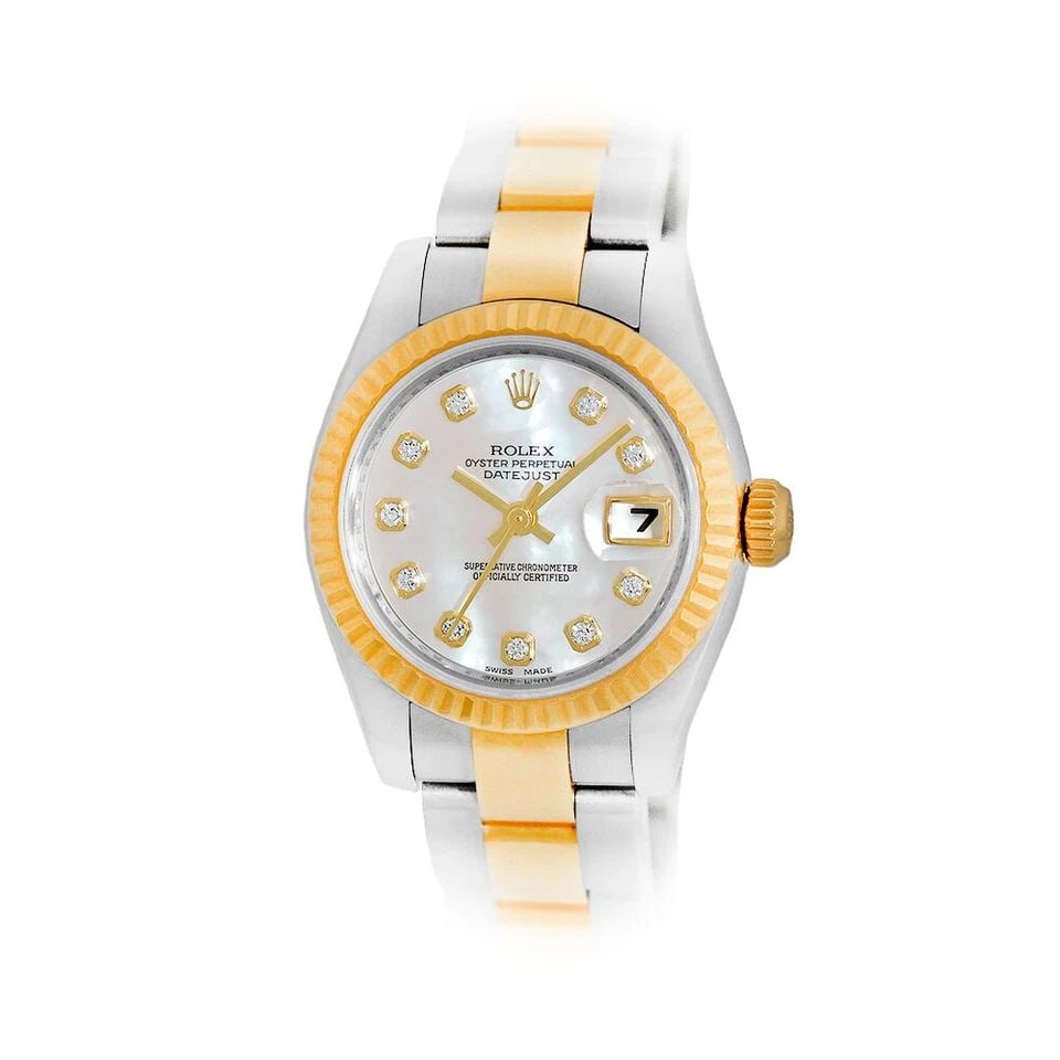 ROLEX STEEL & 18K YELLOW GOLD 26MM DATEJUST MOP DIAL 179173 BOX WARRANTY MINTY: ROLEX STEEL & 18K YELLOW GOLD 26MM DATEJUST MOP DIAL 179173 BOX WARRANTY MINTY ROLEX Stainless Steel & 18K Yellow Gold 26mm Datejust Factory Diamond Dial 179173 Box Warranty Pre-Owned Lady's Stainless