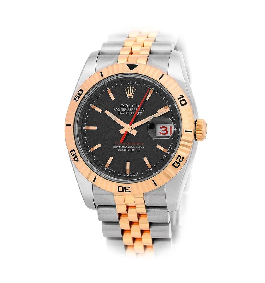 ROLEX STEEL & 18K ROSE GOLD 36MM DATEJUST TURN-O-GRAPH 116261 BOX WARRANTY: ROLEX STEEL & 18K ROSE GOLD 36MM DATEJUST TURN-O-GRAPH 116261 BOX WARRANTY ROLEX Steel & 18K Rose Gold 36mm Datejust Turn-O-Graph 116261 Box Warranty Certified Pre-Owned Gent's Stainless Steel & 18K R