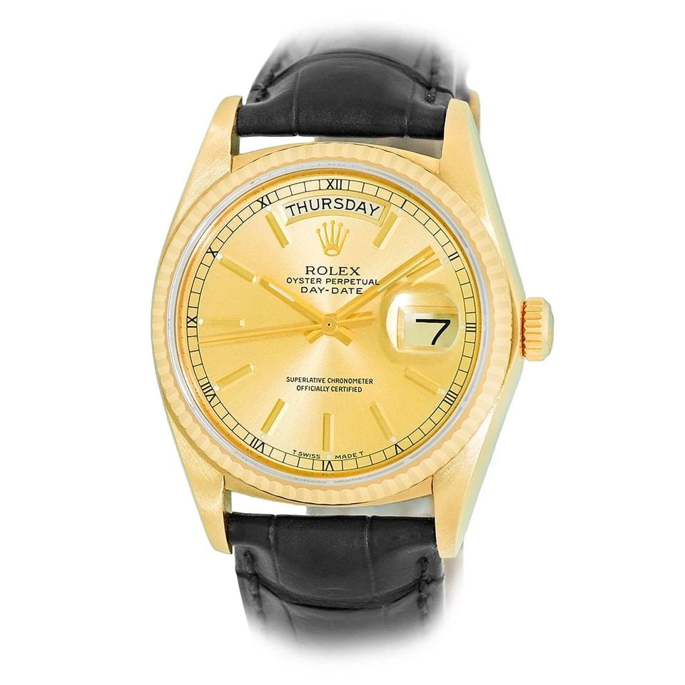 ROLEX 18K YELLOW GOLD 36MM DAY-DATE PRESIDENT 18038 BOX WARRANTY: ROLEX 18K YELLOW GOLD 36MM DAY-DATE PRESIDENT 18038 BOX WARRANTY ROLEX 18K Yellow Gold 36mm Day-Date 18038 Box Warranty MINTY Certified Pre-Owned Gent's 18K Yellow Gold 36mm Rolex "Day-Date" Item #: C