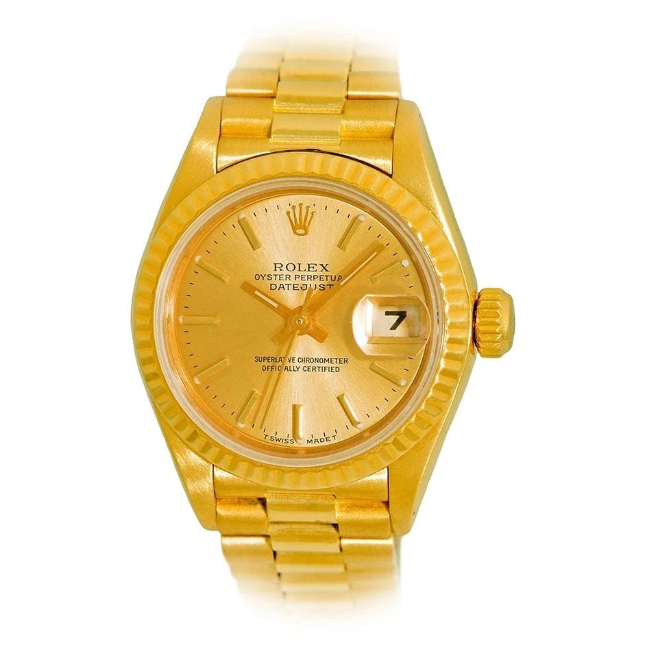 ROLEX LADY'S 18K YELLOW GOLD 26MM PRESIDENT 6917 WARRANTY BOX MINTY: ROLEX LADY'S 18K YELLOW GOLD 26MM PRESIDENT 6917 WARRANTY BOX MINTY BRAND: Rolex Model: President Reference No: 6917 Case Measurements: Case Diameter: 26mm Case Thickness: 10.5mm Water Resistance: 100