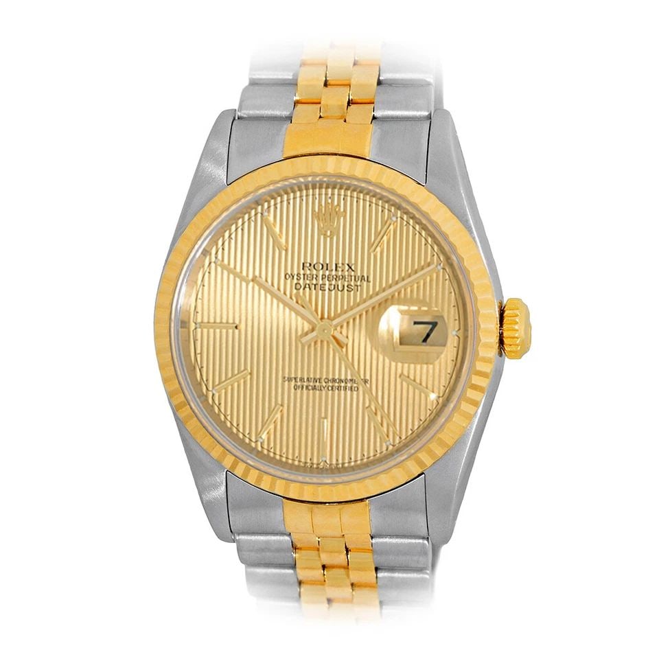 ROLEX STAINLESS STEEL & 18K YELLOW GOLD 36MM DATEJUST 16233 BOX WARRANTY MINTY: ROLEX STAINLESS STEEL & 18K YELLOW GOLD 36MM DATEJUST 16233 BOX WARRANTY MINTY Brand: Rolex Model: Datejust Reference No: 16233 Gender: Gent’s Movement: Handmade Swiss Chronometer Certified (COSC) A