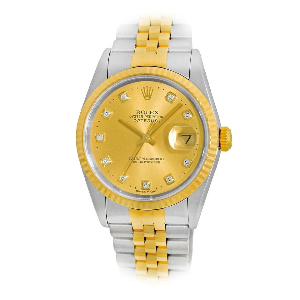 ROLEX STAINLESS STEEL & 18K YELLOW GOLD 36MM DATEJUST 16233 BOX WARRANTY MINTY: ROLEX STAINLESS STEEL & 18K YELLOW GOLD 36MM DATEJUST 16233 BOX WARRANTY MINTY Brand: Rolex Model: Datejust Reference No: 16233 Gender: Gent’s Movement: Handmade Swiss Chronometer Certified (COSC) A