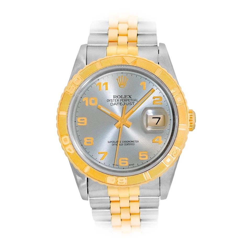 ROLEX STAINLESS STEEL & 18K YELLOW GOLD 36MM DATEJUST TURN-O-GRAPH 16263 BOX: ROLEX STAINLESS STEEL & 18K YELLOW GOLD 36MM DATEJUST TURN-O-GRAPH 16263 BOX BRAND: Rolex Model: Datejust Turn-O-Graph "Thunderbird" Reference No: 16263 Gender: Gent’s Movement: Handmade Swiss Chron