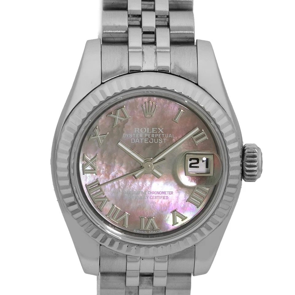 ROLEX LADY'S STAINLESS STEEL 26MM DATEJUST 179174 MOTHER OF PEARL BOX WARRANTY: ROLEX LADY'S STAINLESS STEEL 26MM DATEJUST 179174 MOTHER OF PEARL BOX WARRANTY BRAND: Rolex Model: Datejust Reference No: 179174 Case Measurements: Case Diameter: 26mm Case Thickness: 10mm Water Resis