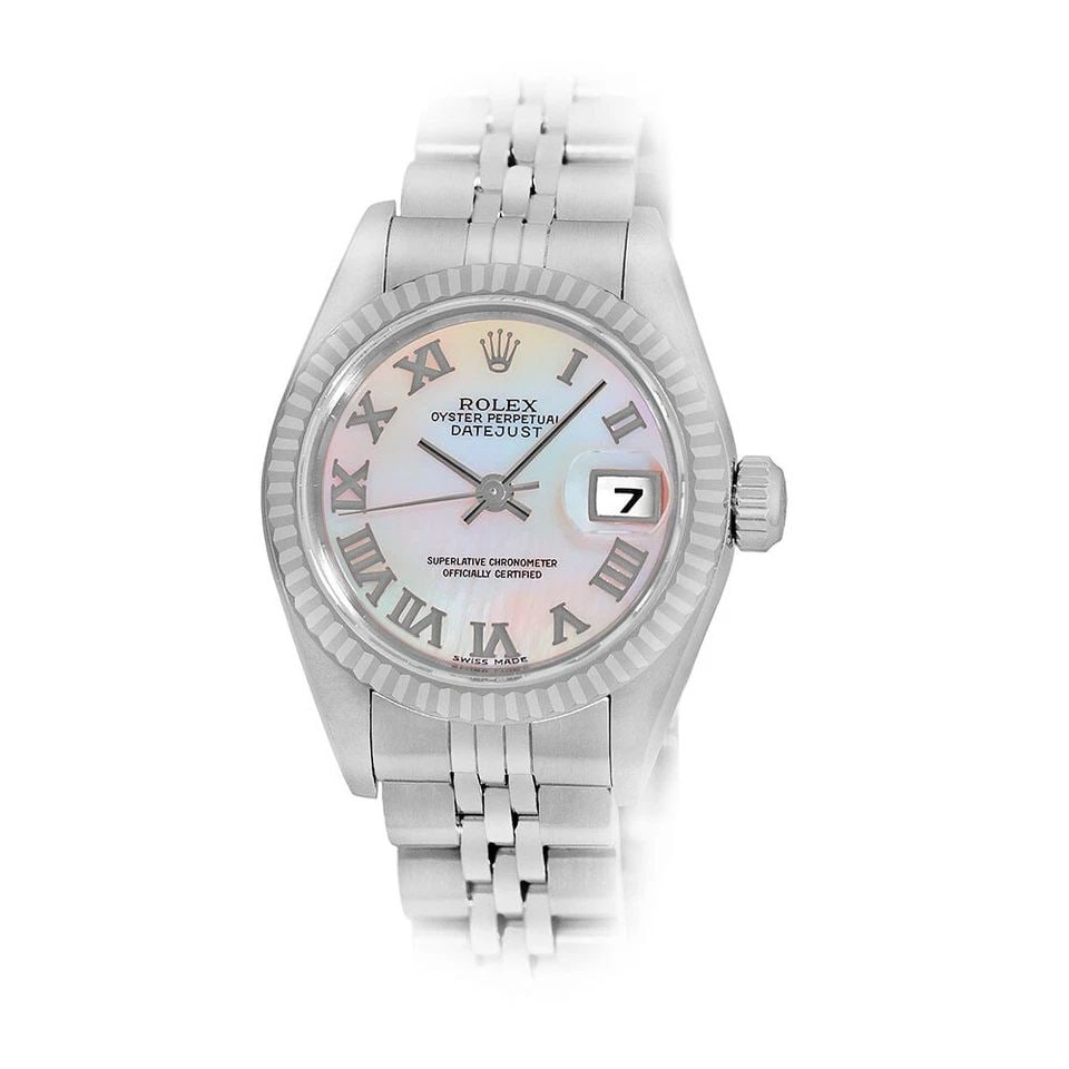 ROLEX STAINLESS STEEL 26MM MOTHER OF PEARL DATEJUST 79174 BOX MINTY WARRANTY: ROLEX STAINLESS STEEL 26MM DATEJUST 79174 BOX MINTY WARRANTY ROLEX Stainless Steel 26mm Datejust 79174 Box MINTY Warranty Pre-Owned Lady's Stainless Steel 26mm Rolex "Datejust" Brand: Rolex Model: Dat