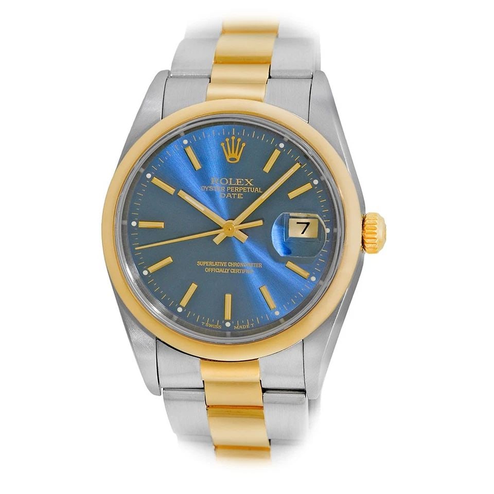ROLEX STAINLESS STEEL & 18K YELLOW GOLD 34MM OYSTER PERPETUAL DATE 15203 BOX: ROLEX STAINLESS STEEL & 18K YELLOW GOLD 34MM OYSTER PERPETUAL DATE 15203 BOX ROLEX Stainless Steel & 18K Yellow Gold 34mm Oyster Perpetual Date 15203 Box Warranty Certified Pre-Owned Gent's Stainless 