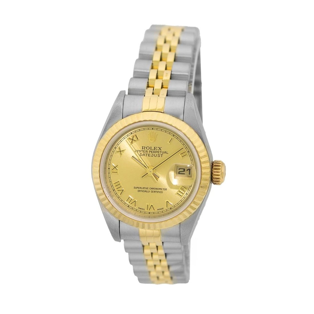 ROLEX STAINLESS 18K YELLOW GOLD 26MM DATEJUST 79173 LIFETIME WARRANTY BOX MINTY: ROLEX STAINLESS 18K YELLOW GOLD 26MM DATEJUST 79173 LIFETIME WARRANTY BOX MINTY Brand: Rolex Model: Datejust Reference No: 79173 Circa: Circa 2000 Production Gender: Lady’s Movement: Handmade Swiss 
