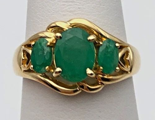 14K GOLD RING WITH 3 OVAL CUT NATURAL EMERALDS 1.55CTW (SIZE 7) 3.1G (1 of 2)