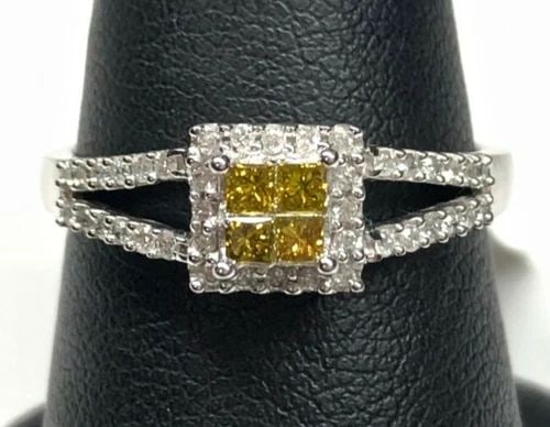 NEW 14K WHITE GOLD RING WITH 0.33CTW YELLOW & WHITE DIAMONDS (SIZE 7) 2.4 GRAM (1 of 2)