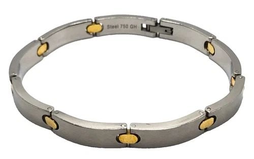 STAINLESS STEEL BRACELET WITH 18K GOLD ACCENTS ( 8 INCH ) 27.9 GRAMS: STAINLESS STEEL LINKED BRACELET WITH 18K GOLD ACCENTED LINKS, 8 " INCHES LONG Stainless Steel Linked Bracelet with 18k Gold Accented Links, 8" You are bidding on a Stainless Steel Linked Bracelet with