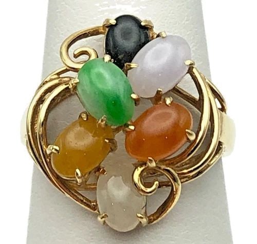 14K GOLD RING WITH MULTI COLORED JADES STONES (SIZE: 7.25) 4.1 GRAMS (1 of 2)