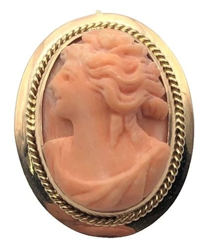 10K GOLD BROOCH / PENDANT WITH PINK CORAL CAMEO ( 6.5 GRAMS ) (1 of 2)