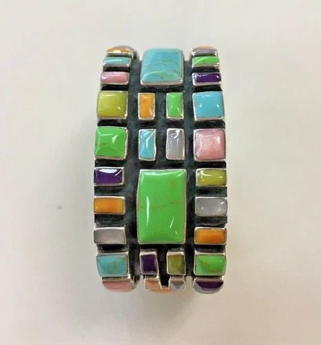 STERLING SILVER CUFF/BRACELET NATURAL BEZEL SET GEMSTONES 99 GRAMS (1 of 2)