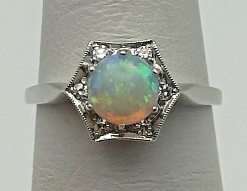 14K WHITE GOLD RING WITH NATURAL OPAL AND DIAMONDS (SIZE 6) 2.8 GRAMS (1 of 2)