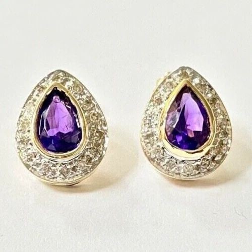 14K YELLOW GOLD PEAR SHAPE EARRINGS WITH AMETHYST, 0.14CTS DIAMONDS 3.2 GRAMS (1 of 2)