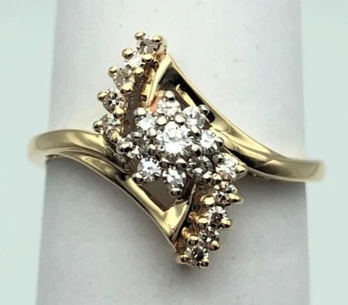 14K GOLD RING EYE SHAPED HEAD WITH 0.32CTS NATURAL DIAMONDS (SIZE 6.75) 2.7G (1 of 2)