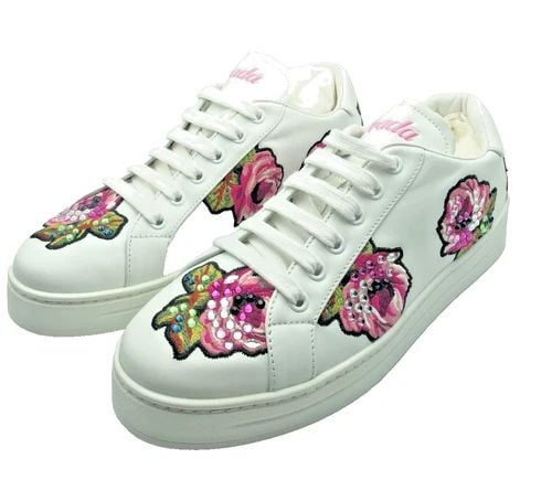 PRADA WHITE LEATHER SNEAKERS, CRYSTAL EMBELLISHED FLOWER EMBROIDERY (SIZE: 39) (1 of 2)