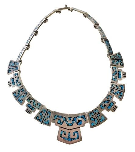 STERLING SILVER NECKLACE WITH INLAYED TURQUOISE ( 17 INCH ) 101.7G (1 of 2)