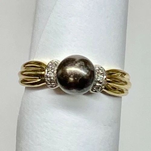 14K GOLD RING WITH 6.75MM BLACK PEARL AND 0.02CTSW DIAMONDS (SIZE 7) 3.2 GRAM (1 of 2)