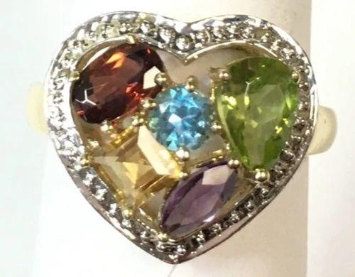 10K HEART SHAPED RING WITH MULTI COLORED GEM STONES (SIZE 7) 3.2 GRAM (1 of 2)