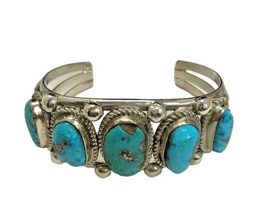 925 STERLING SILVER BANGLE, FIVE NATURAL TURQUOISE STONES (6 INCH) 65.2 GRAMS (1 of 2)