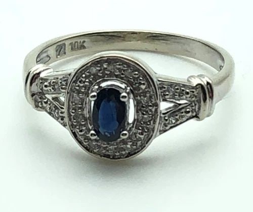 10K WHITE GOLD RING, 0.35CTS BLUE SAPPHIRE AND DIAMONDS (SIZE 7) 2.2 GRAM (1 of 2)