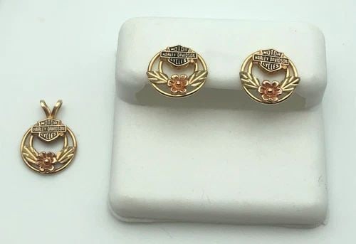 HARLEY DAVIDSON SET 10K BLACK HILLS GOLD EARRINGS AND PENDANT SET 2.2G (1 of 2)