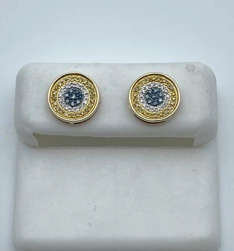 NEW 10K GOLD, 0.36CTW BLUE/YELLOW/WHITE DIAMONDS, CIRCLE EARRINGS 1.6G (1 of 2)