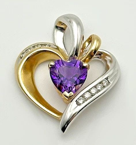 10K TWO TONED GOLD HEART STYLE PENDANT WITH AMETHYST AND 0.16CTS OF DIAMONDS 3G (1 of 2)